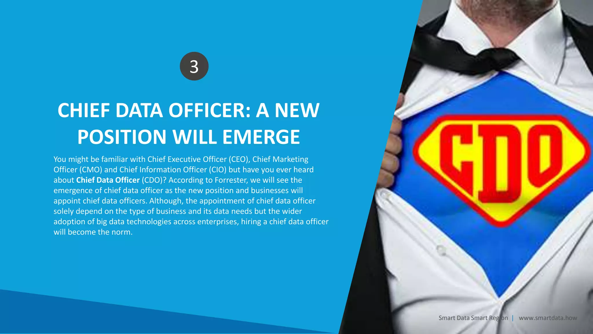 CHIEF DATA OFFICER: A NEW
POSITION WILL EMERGE
3
You might be familiar with Chief Executive Officer (CEO), Chief Marketing
Officer (CMO) and Chief Information Officer (CIO) but have you ever heard
about Chief Data Officer (CDO)? According to Forrester, we will see the
emergence of chief data officer as the new position and businesses will
appoint chief data officers. Although, the appointment of chief data officer
solely depend on the type of business and its data needs but the wider
adoption of big data technologies across enterprises, hiring a chief data officer
will become the norm.
Smart Data Smart Region | www.smartdata.how
 