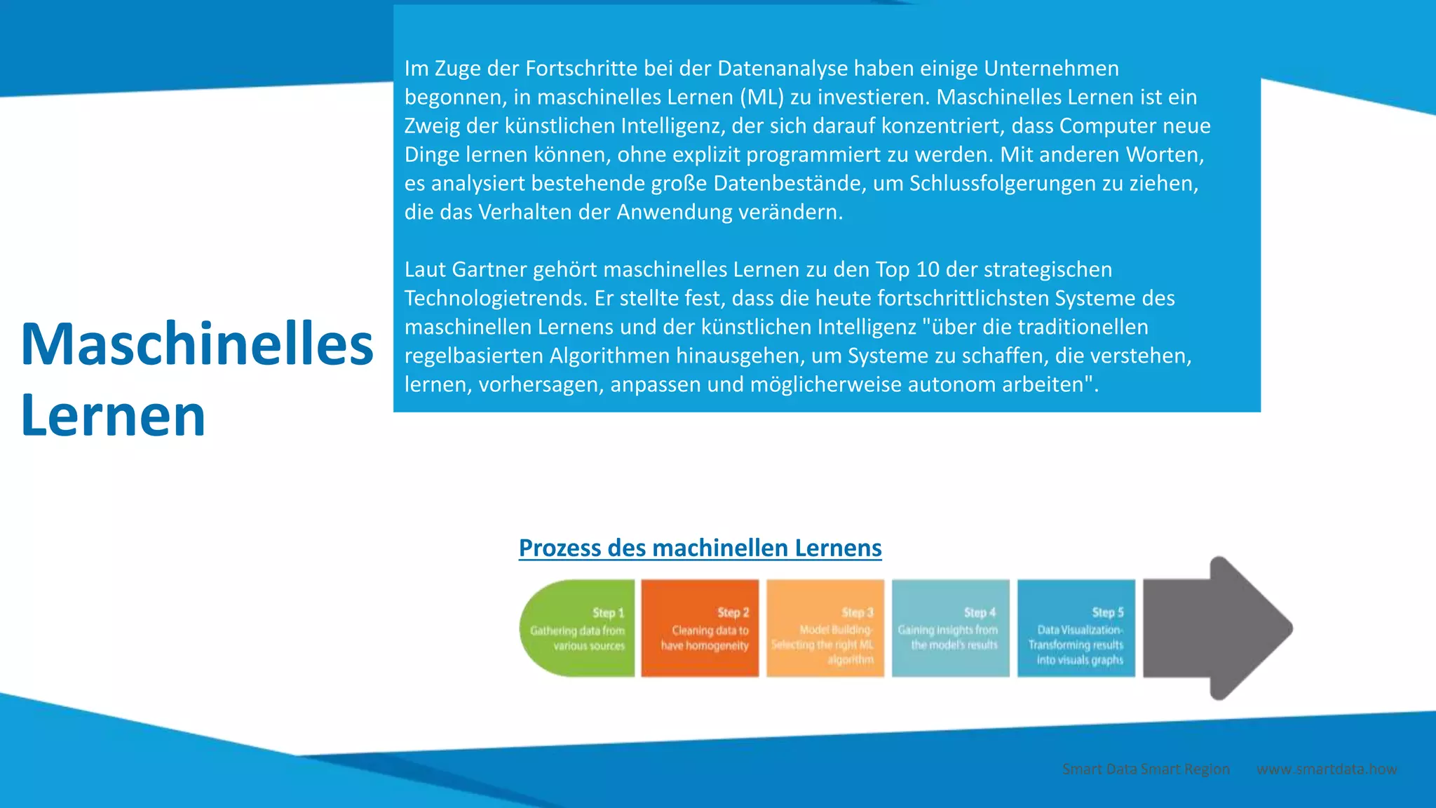 Maschinelles
Lernen
Im Zuge der Fortschritte bei der Datenanalyse haben einige Unternehmen
begonnen, in maschinelles Lernen (ML) zu investieren. Maschinelles Lernen ist ein
Zweig der künstlichen Intelligenz, der sich darauf konzentriert, dass Computer neue
Dinge lernen können, ohne explizit programmiert zu werden. Mit anderen Worten,
es analysiert bestehende große Datenbestände, um Schlussfolgerungen zu ziehen,
die das Verhalten der Anwendung verändern.
Laut Gartner gehört maschinelles Lernen zu den Top 10 der strategischen
Technologietrends. Er stellte fest, dass die heute fortschrittlichsten Systeme des
maschinellen Lernens und der künstlichen Intelligenz "über die traditionellen
regelbasierten Algorithmen hinausgehen, um Systeme zu schaffen, die verstehen,
lernen, vorhersagen, anpassen und möglicherweise autonom arbeiten".
Prozess des machinellen Lernens
Smart Data Smart Region | www.smartdata.how
 