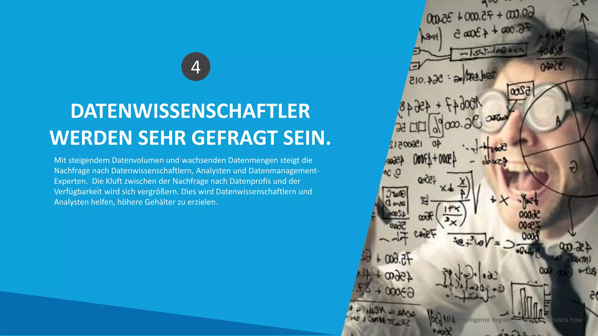 DATENWISSENSCHAFTLER
WERDEN SEHR GEFRAGT SEIN.
4
Mit steigendem Datenvolumen und wachsenden Datenmengen steigt die
Nachfrage nach Datenwissenschaftlern, Analysten und Datenmanagement-
Experten. Die Kluft zwischen der Nachfrage nach Datenprofis und der
Verfügbarkeit wird sich vergrößern. Dies wird Datenwissenschaftlern und
Analysten helfen, höhere Gehälter zu erzielen.
Intelligente Daten Intelligente Region | www.smartdata.how
 
