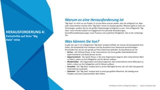 Intelligente Daten Intelligente Region | www.smartdata.how
HERAUSFORDERUNG 4:
Fortschritte auf Ihrer “Big
Data”-reise
Warum es eine Herausforderung ist
“Big Data” ist nicht nur ein Projekt. Es ist eine Reise und wir wollen, dass Sie erfolgreich ist. Aber
viele Unternehmen sind bei ihren “Big Data”-reisen ins Stocken geraten. Meistens geht es nicht um
Technologie, sondern darum, bei großen Datenmengen erfolgreich zu sein. Eine erfolgreiche “Big
Data”-reise erfordert jedoch ein Engagement für kulturelle Veränderungen,
Geschäftsmodellanpassungen, neue Prozesse und zusätzliche Fähigkeiten. Das ist der schwierige
Teil.
Was können Sie tun?
Es gibt viel, was in ein erfolgreiches ”Big Data”-projekt einfließt. Sie müssen die Komplexität Ihrer
Daten, die Komplexität Ihrer Analysen und das Aussehen Ihrer Datenreise berücksichtigen.
Entscheiden Sie, wo Sie sich gerade auf Ihrer Datenreise befinden. So klassifizieren wir sie:
– Ad-hoc - Die früheste Phase, in der Unternehmen mit ihren großen Datenbedürfnissen
experimentieren und diese kennen lernen.
– Opportunistisch - Die zweite Phase, in der eine Organisation beginnt, dem Unternehmen Wert
zu liefern, indem sie ihre Fähigkeiten und ihr Wissen aufbaut.
– Wiederholbar - Die Organisation wird damit beginnen, dem Unternehmen einen Mehrwert zu
liefern, indem sie ihre Fähigkeiten und ihr Wissen aufbaut.
– Verwaltet - Die “Big Data”-analyse wird zu einem Managed Service, der sich über das gesamte
Unternehmen ausbreitet.
– Optimiert - Die “Big Data”-analyse wird zu einer gut geölten Maschine, die ständig neue
Projekte und einen exponentiellen Wert liefert.
 