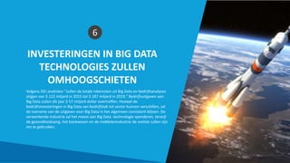 INVESTERINGEN IN BIG DATA
TECHNOLOGIES ZULLEN
OMHOOGSCHIETEN
6
Volgens IDC-analisten "zullen de totale inkomsten uit Big Data en bedrijfsanalyses
stijgen van $ 122 miljard in 2015 tot $ 187 miljard in 2019." Bedrijfsuitgaven aan
Big Data zullen dit jaar $ 57 miljard dollar overtreffen. Hoewel de
bedrijfsinvesteringen in Big Data van bedrijfstak tot sector kunnen verschillen, zal
de toename van de uitgaven voor Big Data in het algemeen consistent blijven. De
verwerkende industrie zal het meest aan Big Data -technologie spenderen, terwijl
de gezondheidszorg, het bankwezen en de middelenindustrie de snelste zullen zijn
om te gebruiken.
Smart Data Smart Region | www.smartdata.how
 
