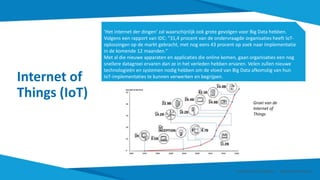 Internet of
Things (IoT)
‘Het internet der dingen’ zal waarschijnlijk ook grote gevolgen voor Big Data hebben.
Volgens een rapport van IDC: "31,4 procent van de ondervraagde organisaties heeft IoT-
oplossingen op de markt gebracht, met nog eens 43 procent op zoek naar implementatie
in de komende 12 maanden."
Met al die nieuwe apparaten en applicaties die online komen, gaan organisaties een nog
snellere datagroei ervaren dan ze in het verleden hebben ervaren. Velen zullen nieuwe
technologieën en systemen nodig hebben om de vloed van Big Data afkomstig van hun
IoT-implementaties te kunnen verwerken en begrijpen.
Groei van de
Internet of
Things
Smart Data Smart Region | www.smartdata.how
 