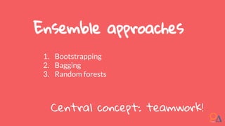 Ensemble approaches
1. Bootstrapping
2. Bagging
3. Random forests
Central concept: teamwork!
 