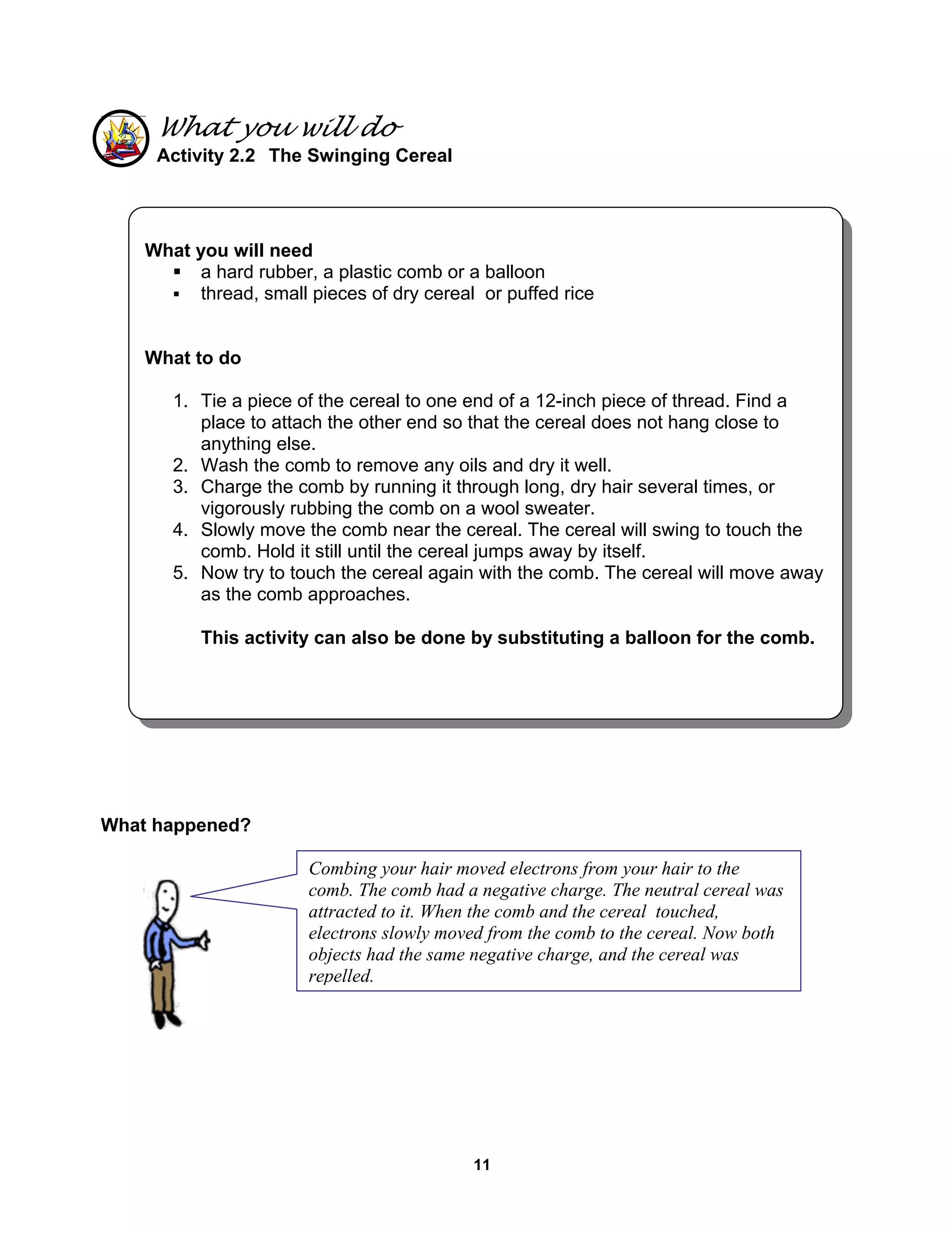 11
What you will do
Activity 2.2 The Swinging Cereal
What happened?
What you will need
a hard rubber, a plastic comb or a balloon
thread, small pieces of dry cereal or puffed rice
What to do
1. Tie a piece of the cereal to one end of a 12-inch piece of thread. Find a
place to attach the other end so that the cereal does not hang close to
anything else.
2. Wash the comb to remove any oils and dry it well.
3. Charge the comb by running it through long, dry hair several times, or
vigorously rubbing the comb on a wool sweater.
4. Slowly move the comb near the cereal. The cereal will swing to touch the
comb. Hold it still until the cereal jumps away by itself.
5. Now try to touch the cereal again with the comb. The cereal will move away
as the comb approaches.
This activity can also be done by substituting a balloon for the comb.
Combing your hair moved electrons from your hair to the
comb. The comb had a negative charge. The neutral cereal was
attracted to it. When the comb and the cereal touched,
electrons slowly moved from the comb to the cereal. Now both
objects had the same negative charge, and the cereal was
repelled.
 