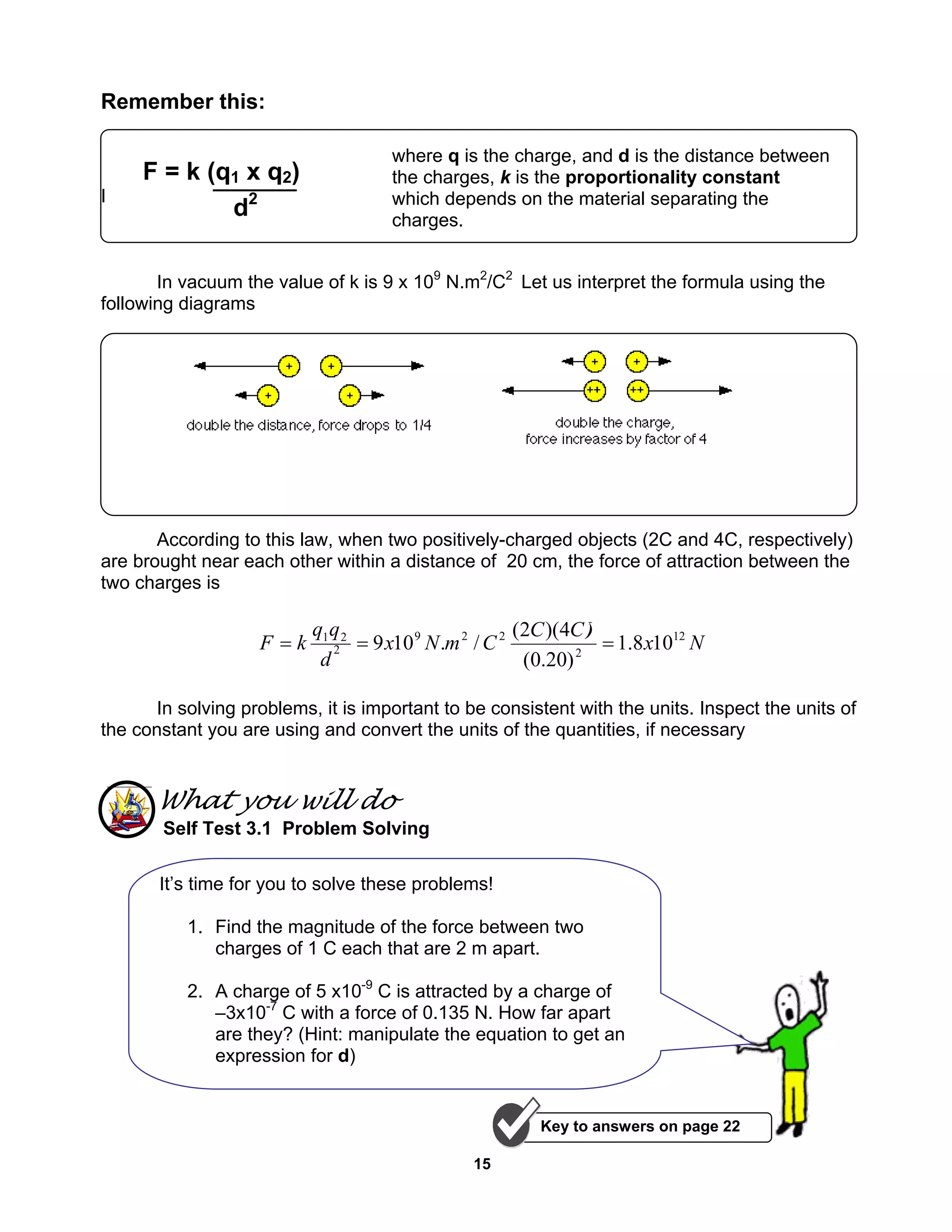 15
Remember this:
F = k (q1 x q2)
I
In vacuum the value of k is 9 x 109
N.m2
/C2
Let us interpret the formula using the
following diagrams
According to this law, when two positively-charged objects (2C and 4C, respectively)
are brought near each other within a distance of 20 cm, the force of attraction between the
two charges is
Nx
CC
CmNx
d
qq
kF 12
2
229
2
21
108.1
)20.0(
04)(2(
/.109 ===
In solving problems, it is important to be consistent with the units. Inspect the units of
the constant you are using and convert the units of the quantities, if necessary
What you will do
Self Test 3.1 Problem Solving
where q is the charge, and d is the distance between
the charges, k is the proportionality constant
which depends on the material separating the
charges.
It’s time for you to solve these problems!
1. Find the magnitude of the force between two
charges of 1 C each that are 2 m apart.
2. A charge of 5 x10-9
C is attracted by a charge of
–3x10-7
C with a force of 0.135 N. How far apart
are they? (Hint: manipulate the equation to get an
expression for d)
d2
Key to answers on page 22
2
)
 
