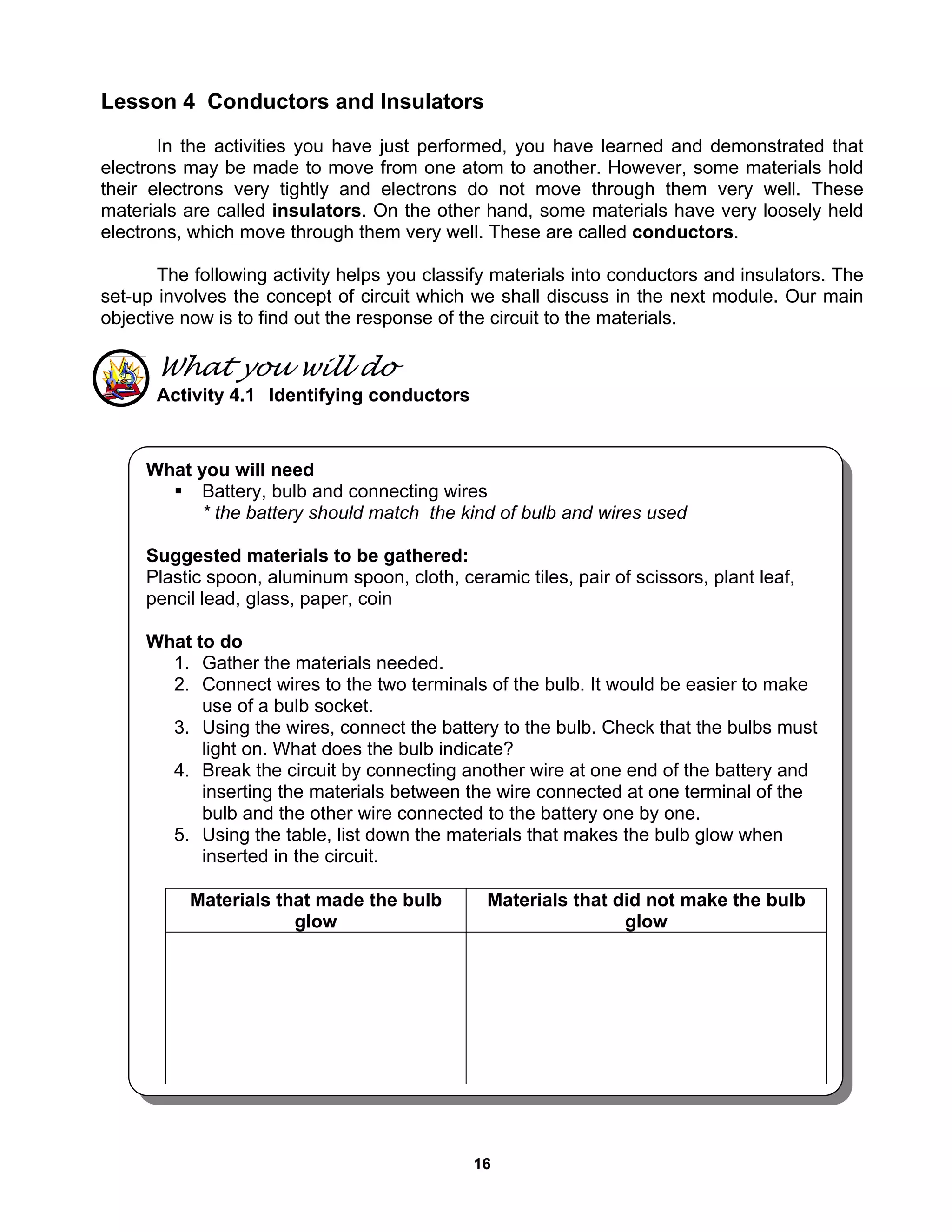 16
Lesson 4 Conductors and Insulators
In the activities you have just performed, you have learned and demonstrated that
electrons may be made to move from one atom to another. However, some materials hold
their electrons very tightly and electrons do not move through them very well. These
materials are called insulators. On the other hand, some materials have very loosely held
electrons, which move through them very well. These are called conductors.
The following activity helps you classify materials into conductors and insulators. The
set-up involves the concept of circuit which we shall discuss in the next module. Our main
objective now is to find out the response of the circuit to the materials.
What you will do
Activity 4.1 Identifying conductors
What you will need
Battery, bulb and connecting wires
* the battery should match the kind of bulb and wires used
Suggested materials to be gathered:
Plastic spoon, aluminum spoon, cloth, ceramic tiles, pair of scissors, plant leaf,
pencil lead, glass, paper, coin
What to do
1. Gather the materials needed.
2. Connect wires to the two terminals of the bulb. It would be easier to make
use of a bulb socket.
3. Using the wires, connect the battery to the bulb. Check that the bulbs must
light on. What does the bulb indicate?
4. Break the circuit by connecting another wire at one end of the battery and
inserting the materials between the wire connected at one terminal of the
bulb and the other wire connected to the battery one by one.
5. Using the table, list down the materials that makes the bulb glow when
inserted in the circuit.
Materials that made the bulb
glow
Materials that did not make the bulb
glow
 