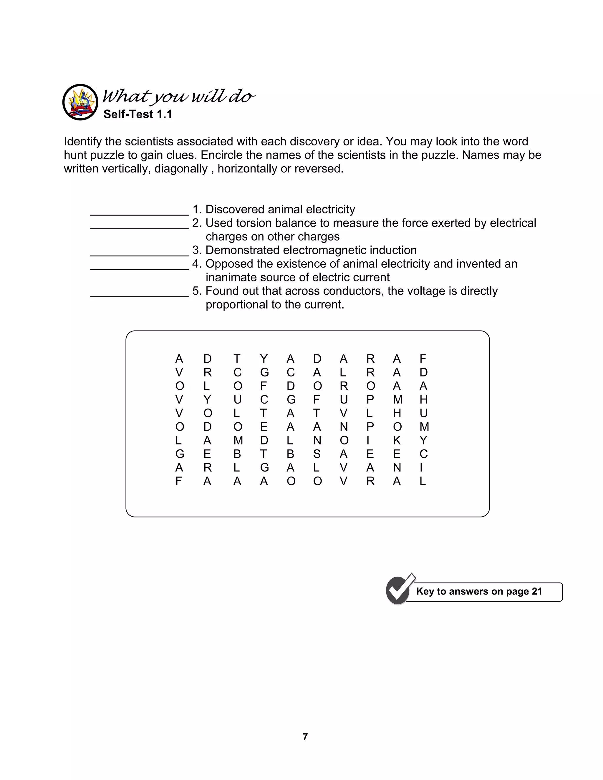 7
What you will do
Self-Test 1.1
Identify the scientists associated with each discovery or idea. You may look into the word
hunt puzzle to gain clues. Encircle the names of the scientists in the puzzle. Names may be
written vertically, diagonally , horizontally or reversed.
_______________ 1. Discovered animal electricity
_______________ 2. Used torsion balance to measure the force exerted by electrical
charges on other charges
_______________ 3. Demonstrated electromagnetic induction
_______________ 4. Opposed the existence of animal electricity and invented an
inanimate source of electric current
_______________ 5. Found out that across conductors, the voltage is directly
proportional to the current.
A D T Y A D A R A F
V R C G C A L R A D
O L O F D O R O A A
V Y U C G F U P M H
V O L T A T V L H U
O D O E A A N P O M
L A M D L N O I K Y
G E B T B S A E E C
A R L G A L V A N I
F A A A O O V R A L
Key to answers on page 21
 