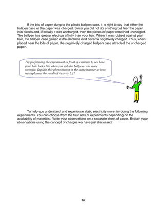 10
If the bits of paper clung to the plastic ballpen case, it is right to say that either the
ballpen case or the paper was charged. Since you did not do anything but tear the paper
into pieces and, if initially it was uncharged, then the pieces of paper remained uncharged.
The ballpen has greater electron affinity than your hair. When it was rubbed against your
hair, the ballpen case gained extra electrons and became negatively charged. Thus, when
placed near the bits of paper, the negatively charged ballpen case attracted the uncharged
paper.
To help you understand and experience static electricity more, try doing the following
experiments. You can choose from the four sets of experiments depending on the
availability of materials. Write your observations on a separate sheet of paper. Explain your
observations using the concept of charges we have just discussed.
Try performing the experiment in front of a mirror to see how
your hair looks like when you rub the ballpen case more
strongly. Explain this phenomenon in the same manner as how
we explained the result of Activity 2.1?
 