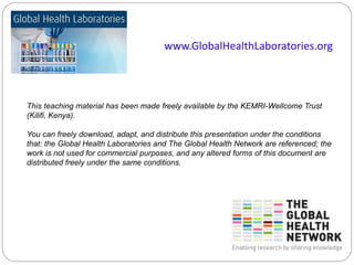 This teaching material has been made freely available by the KEMRI-Wellcome Trust
(Kilifi, Kenya).
You can freely download, adapt, and distribute this presentation under the conditions
that: the Global Health Laboratories and The Global Health Network are referenced; the
work is not used for commercial purposes, and any altered forms of this document are
distributed freely under the same conditions.
www.GlobalHealthLaboratories.org
 