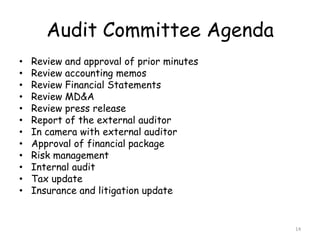 Audit Committee Agenda
•   Review and approval of prior minutes
•   Review accounting memos
•   Review Financial Statements
•   Review MD&A
•   Review press release
•   Report of the external auditor
•   In camera with external auditor
•   Approval of financial package
•   Risk management
•   Internal audit
•   Tax update
•   Insurance and litigation update


                                           14
 