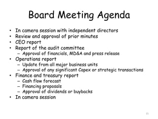 Board Meeting Agenda
•   In camera session with independent directors
•   Review and approval of prior minutes
•   CEO report
•   Report of the audit committee
    – Approval of financials, MD&A and press release
• Operations report
    – Update from all major business units
    – Approval of any significant Capex or strategic transactions
• Finance and treasury report
    – Cash flow forecast
    – Financing proposals
    – Approval of dividends or buybacks
• In camera session


                                                                    15
 