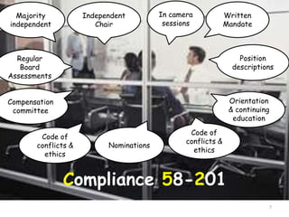Majority           Independent         In camera            Written
independent             Chair             sessions            Mandate



  Regular                                                         Position
   Board                                                        descriptions
Assessments


Compensation                                                   Orientation
 committee                                                     & continuing
                                                                education
                                                 Code of
        Code of
                                                conflicts &
       conflicts &         Nominations
                                                  ethics
         ethics


               Compliance 58-201
                                                                          7
 