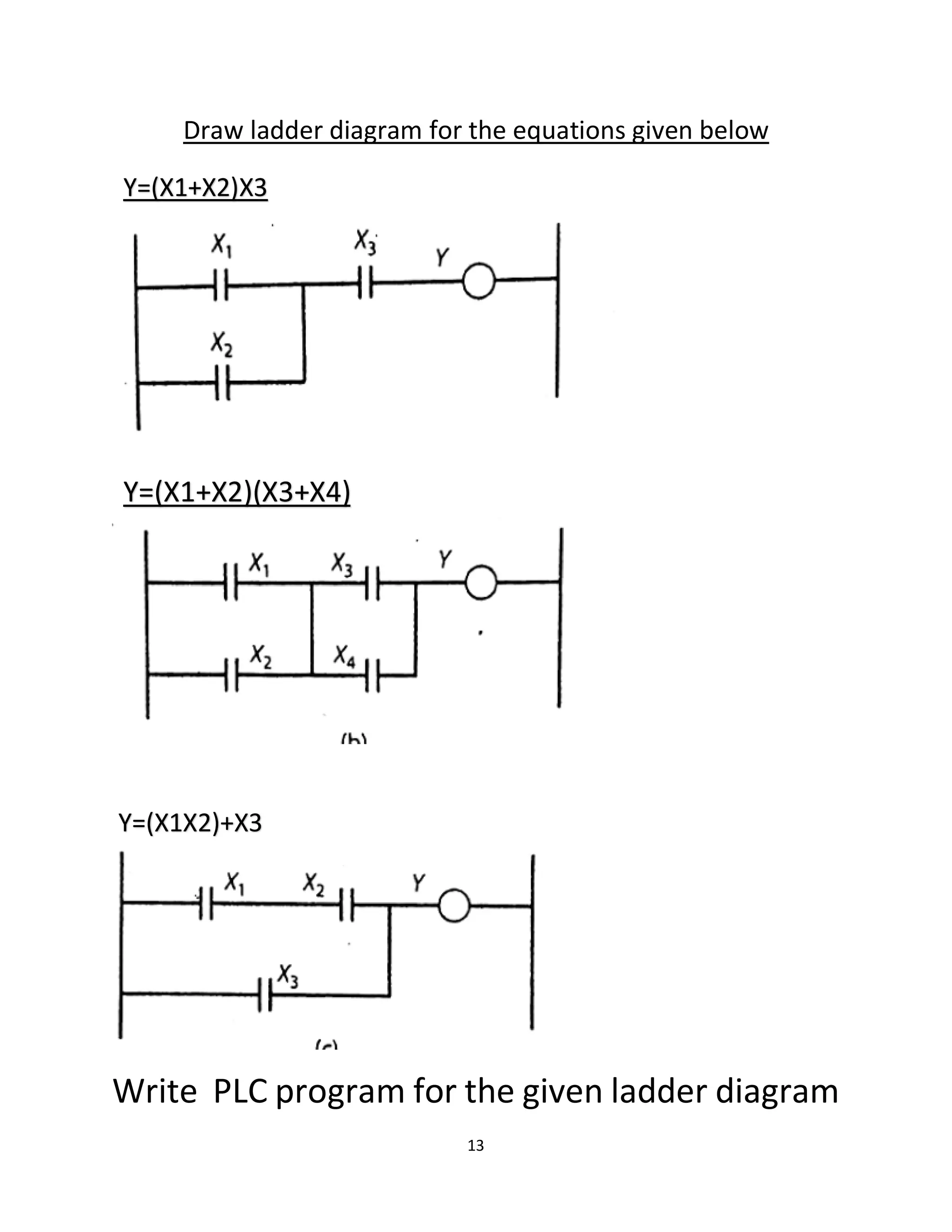 13
Draw ladder diagram for the equations given below
Y=(X1X2)+X3
Write PLC program for the given ladder diagram
Y=(X1+X2)X3
Y=(X1+X2)(X3+X4)
 