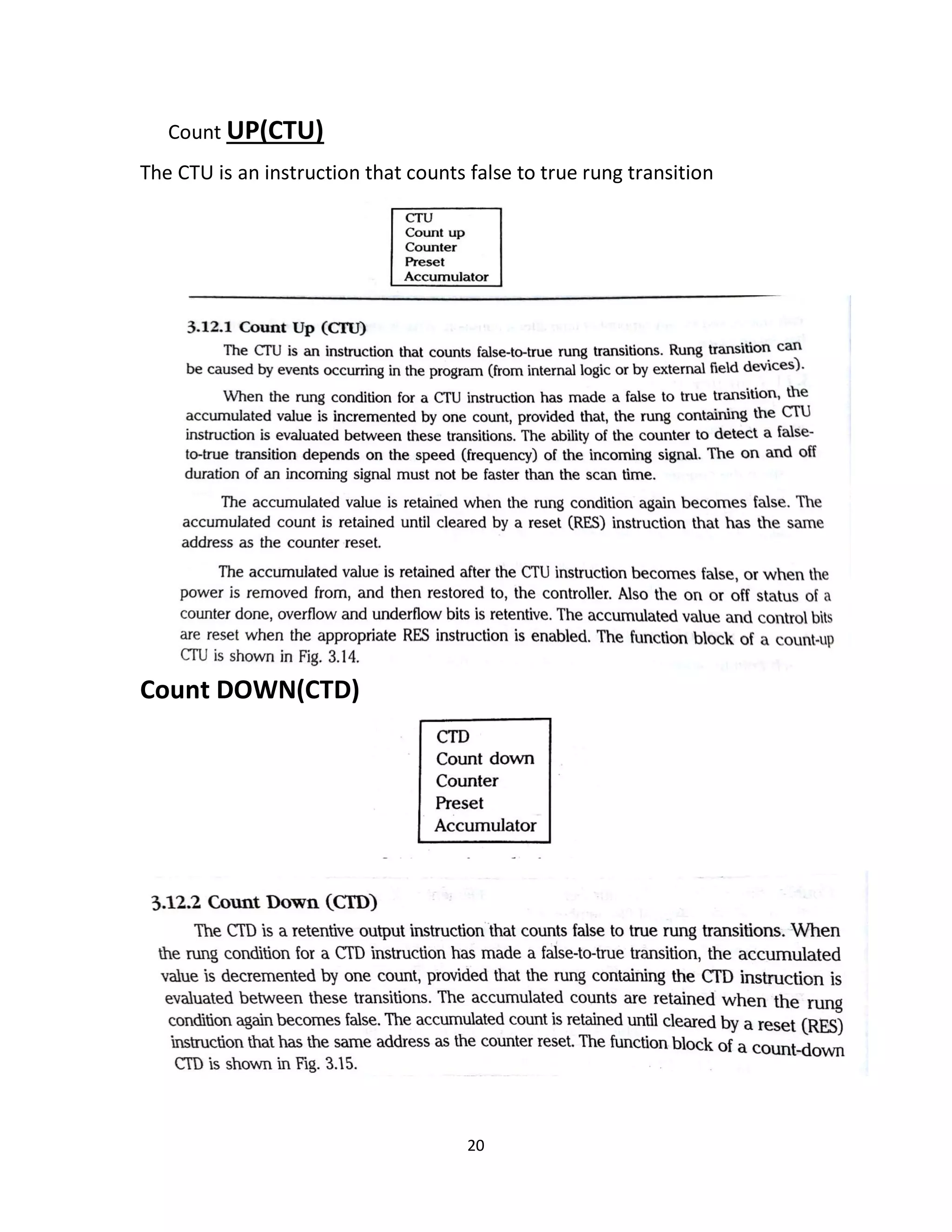 20
Count UP(CTU)
The CTU is an instruction that counts false to true rung transition
Count DOWN(CTD)
 