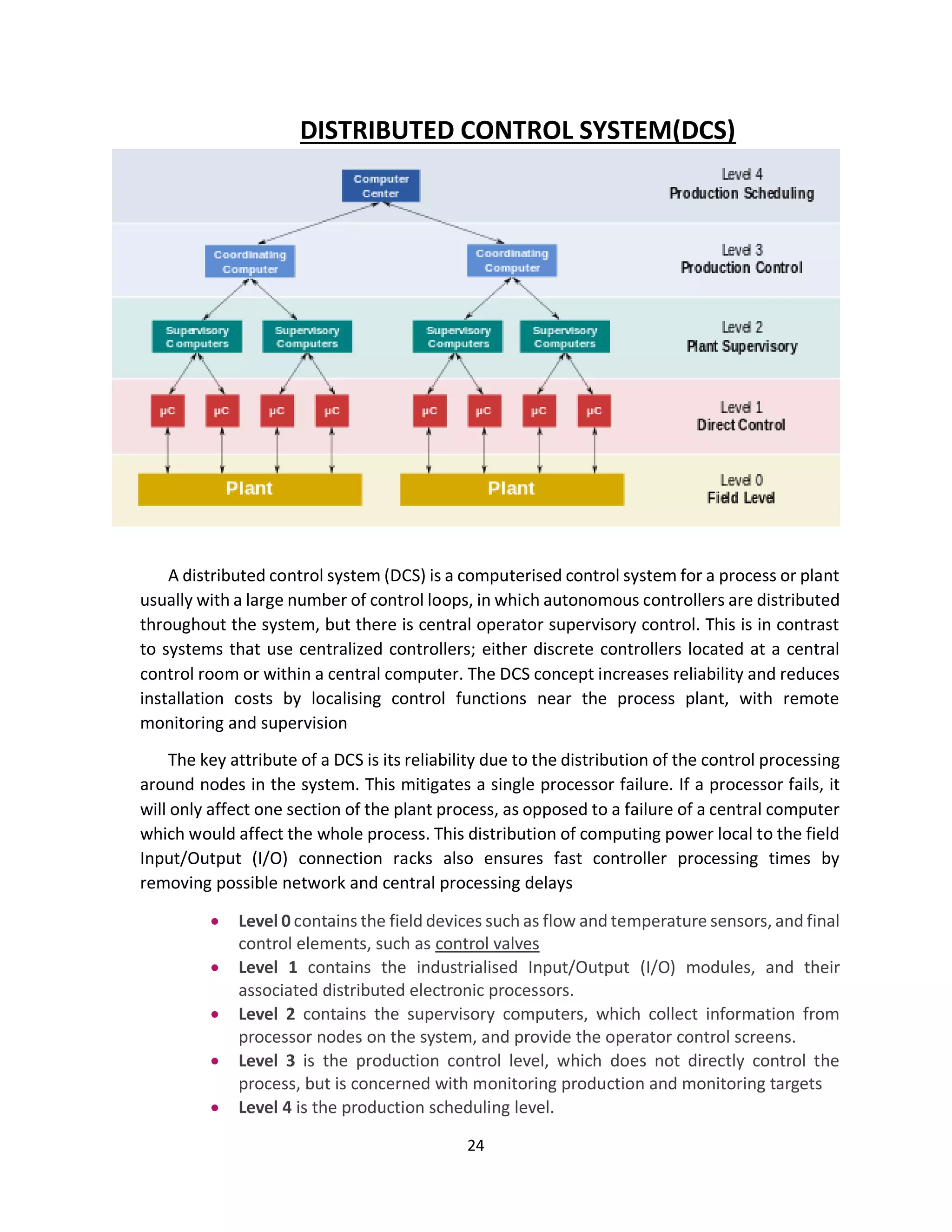 24
DISTRIBUTED CONTROL SYSTEM(DCS)
A distributed control system (DCS) is a computerised control system for a process or plant
usually with a large number of control loops, in which autonomous controllers are distributed
throughout the system, but there is central operator supervisory control. This is in contrast
to systems that use centralized controllers; either discrete controllers located at a central
control room or within a central computer. The DCS concept increases reliability and reduces
installation costs by localising control functions near the process plant, with remote
monitoring and supervision
The key attribute of a DCS is its reliability due to the distribution of the control processing
around nodes in the system. This mitigates a single processor failure. If a processor fails, it
will only affect one section of the plant process, as opposed to a failure of a central computer
which would affect the whole process. This distribution of computing power local to the field
Input/Output (I/O) connection racks also ensures fast controller processing times by
removing possible network and central processing delays
• Level 0 contains the field devices such as flow and temperature sensors, and final
control elements, such as control valves
• Level 1 contains the industrialised Input/Output (I/O) modules, and their
associated distributed electronic processors.
• Level 2 contains the supervisory computers, which collect information from
processor nodes on the system, and provide the operator control screens.
• Level 3 is the production control level, which does not directly control the
process, but is concerned with monitoring production and monitoring targets
• Level 4 is the production scheduling level.
 