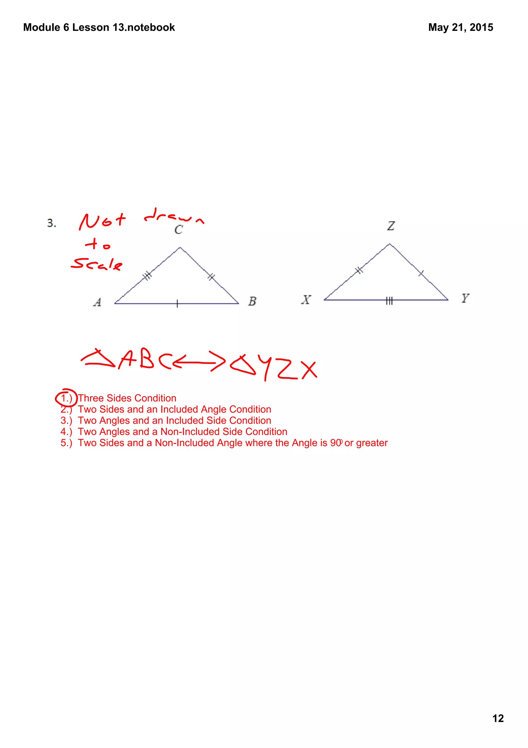 Module 6 Lesson 13.notebook
12
May 21, 2015
1.)  Three Sides Condition
2.)  Two Sides and an Included Angle Condition
3.)  Two Angles and an Included Side Condition
4.)  Two Angles and a Non­Included Side Condition
5.)  Two Sides and a Non­Included Angle where the Angle is 900 or greater
 