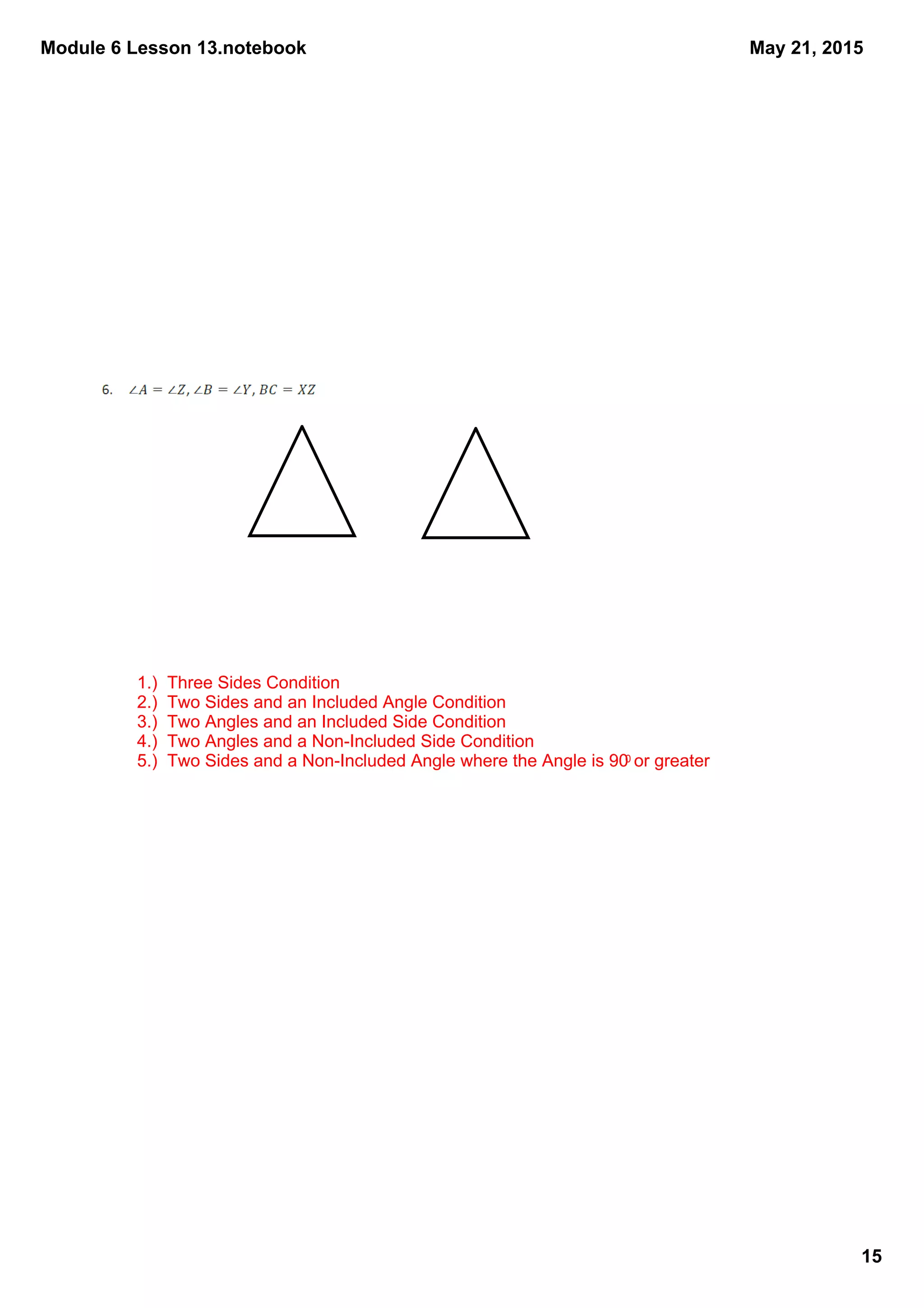 Module 6 Lesson 13.notebook
15
May 21, 2015
1.)  Three Sides Condition
2.)  Two Sides and an Included Angle Condition
3.)  Two Angles and an Included Side Condition
4.)  Two Angles and a Non­Included Side Condition
5.)  Two Sides and a Non­Included Angle where the Angle is 900 or greater
 