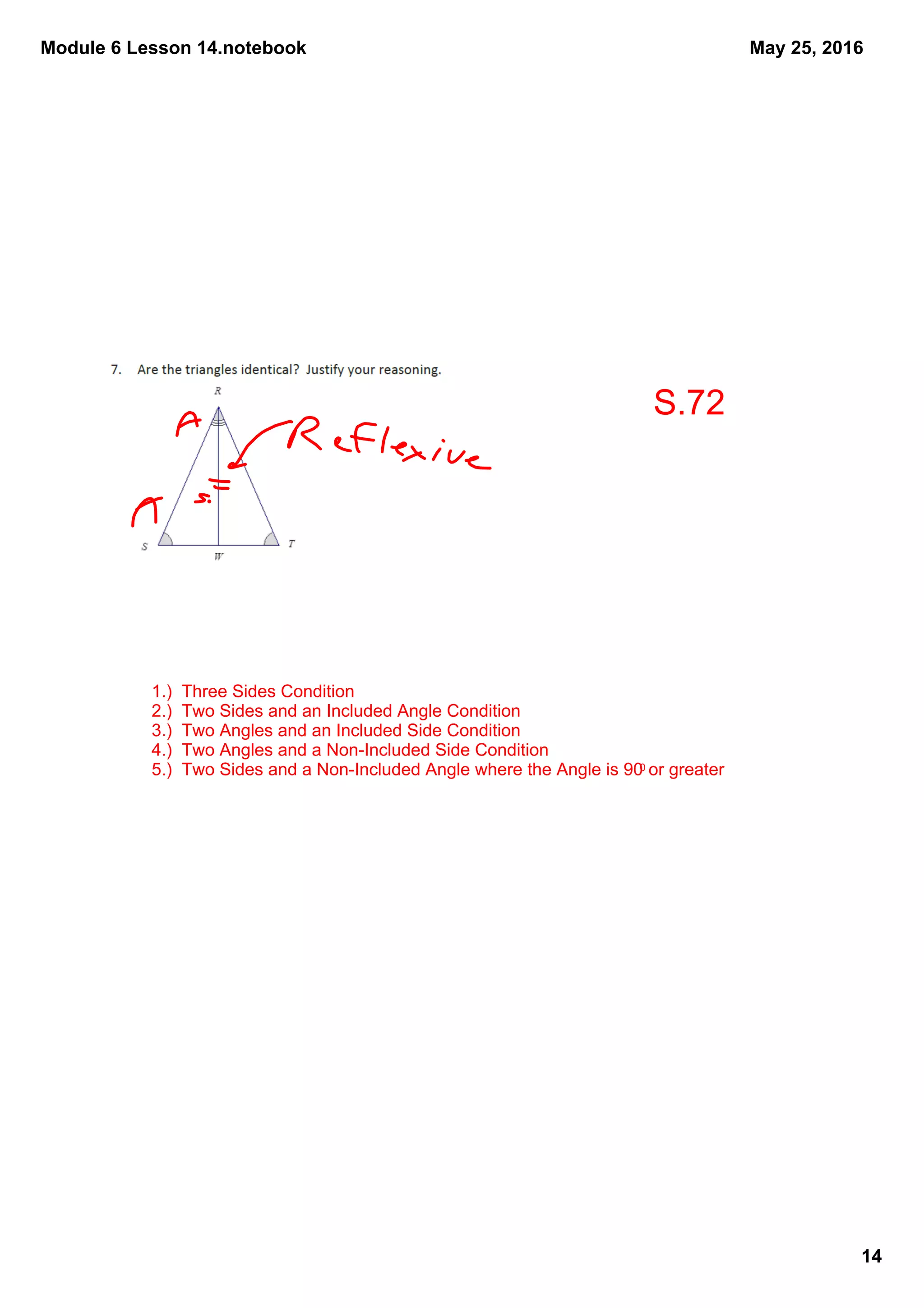 Module 6 Lesson 14.notebook
14
May 25, 2016
1.)  Three Sides Condition
2.)  Two Sides and an Included Angle Condition
3.)  Two Angles and an Included Side Condition
4.)  Two Angles and a Non­Included Side Condition
5.)  Two Sides and a Non­Included Angle where the Angle is 900 or greater
S.72
 