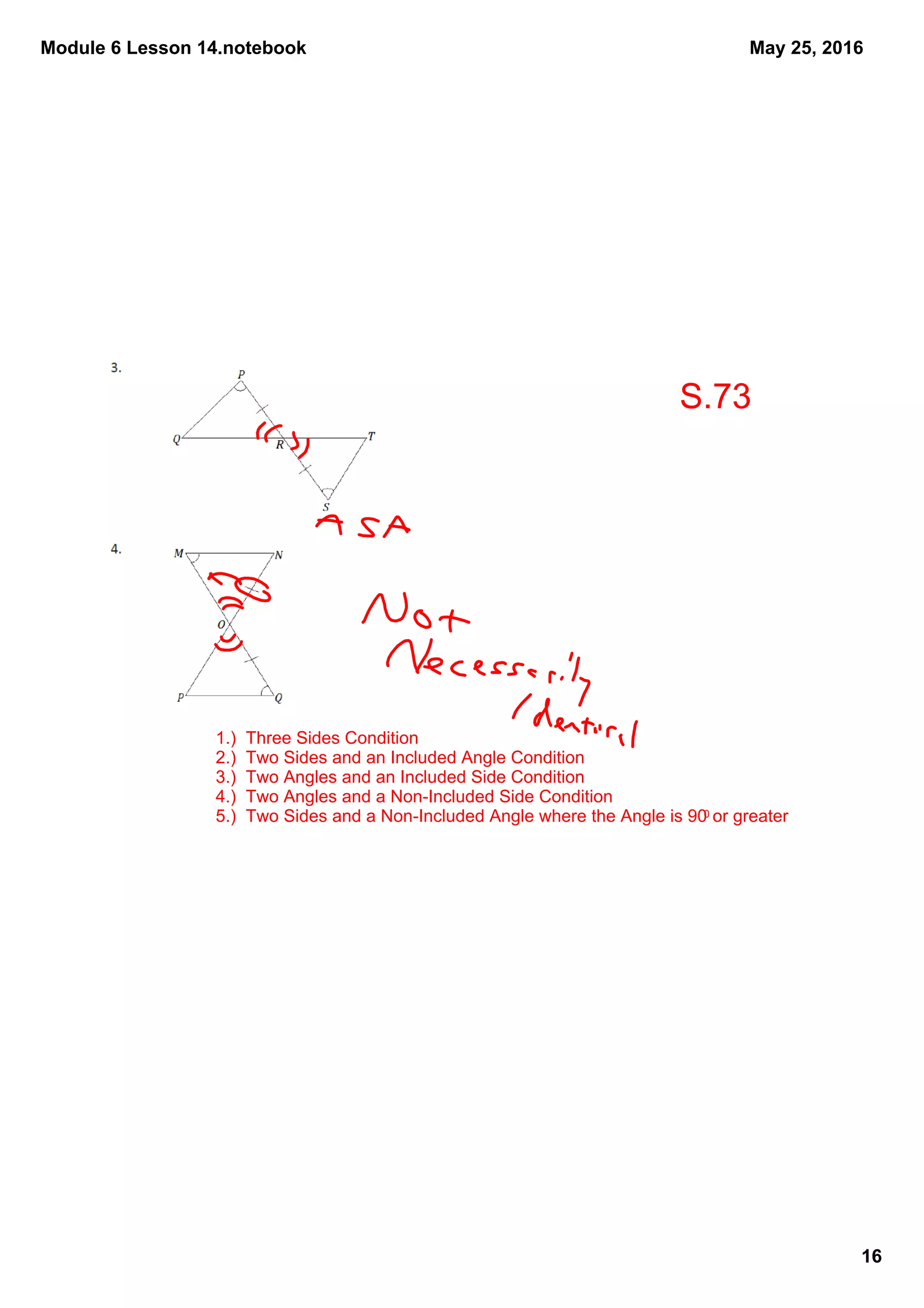 Module 6 Lesson 14.notebook
16
May 25, 2016
1.)  Three Sides Condition
2.)  Two Sides and an Included Angle Condition
3.)  Two Angles and an Included Side Condition
4.)  Two Angles and a Non­Included Side Condition
5.)  Two Sides and a Non­Included Angle where the Angle is 900 or greater
S.73
 
