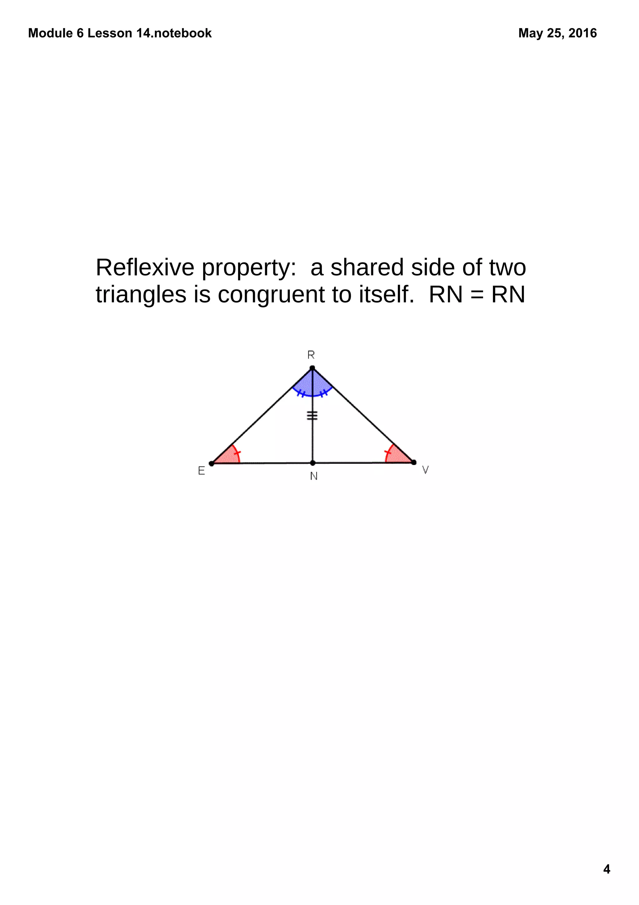 Module 6 Lesson 14.notebook
4
May 25, 2016
Reflexive property: a shared side of two
triangles is congruent to itself. RN = RN
 