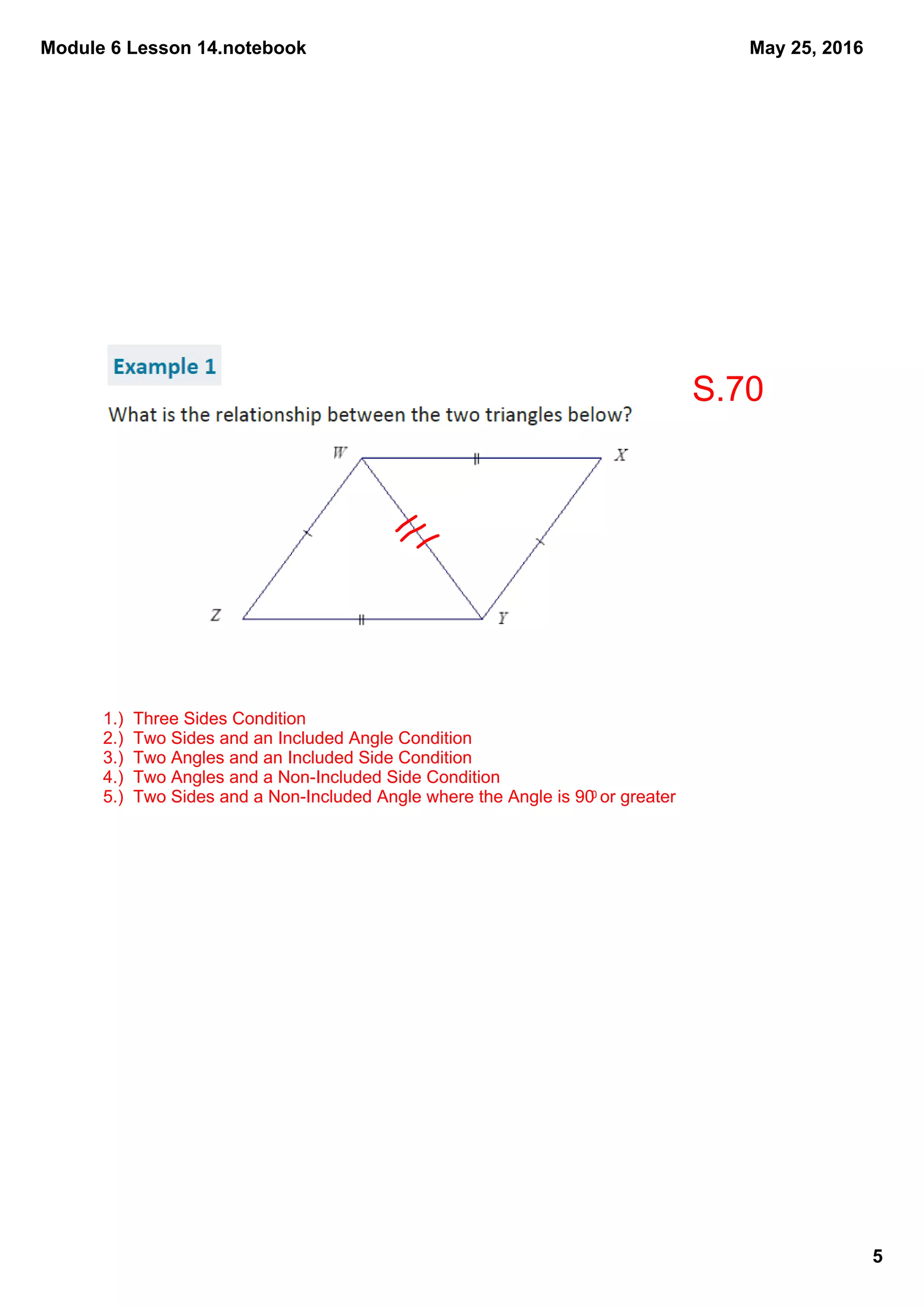 Module 6 Lesson 14.notebook
5
May 25, 2016
1.)  Three Sides Condition
2.)  Two Sides and an Included Angle Condition
3.)  Two Angles and an Included Side Condition
4.)  Two Angles and a Non­Included Side Condition
5.)  Two Sides and a Non­Included Angle where the Angle is 900 or greater
S.70
 