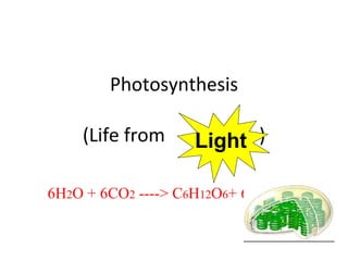 Photosynthesis (Life from  ) 6H 2 O + 6CO 2  ----> C 6 H 12 O 6 + 6O 2 Light 