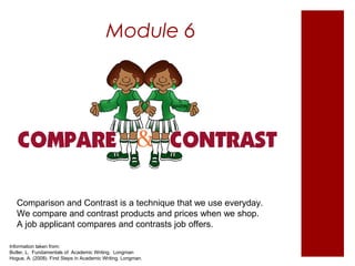 Module 6 
Comparison and Contrast is a technique that we use everyday. 
We compare and contrast products and prices when we shop. 
A job applicant compares and contrasts job offers. 
Information taken from: 
Butler, L. Fundamentals of Academic Writing. Longman 
Hogue, A. (2008). First Steps in Academic Writing. Longman. 
 