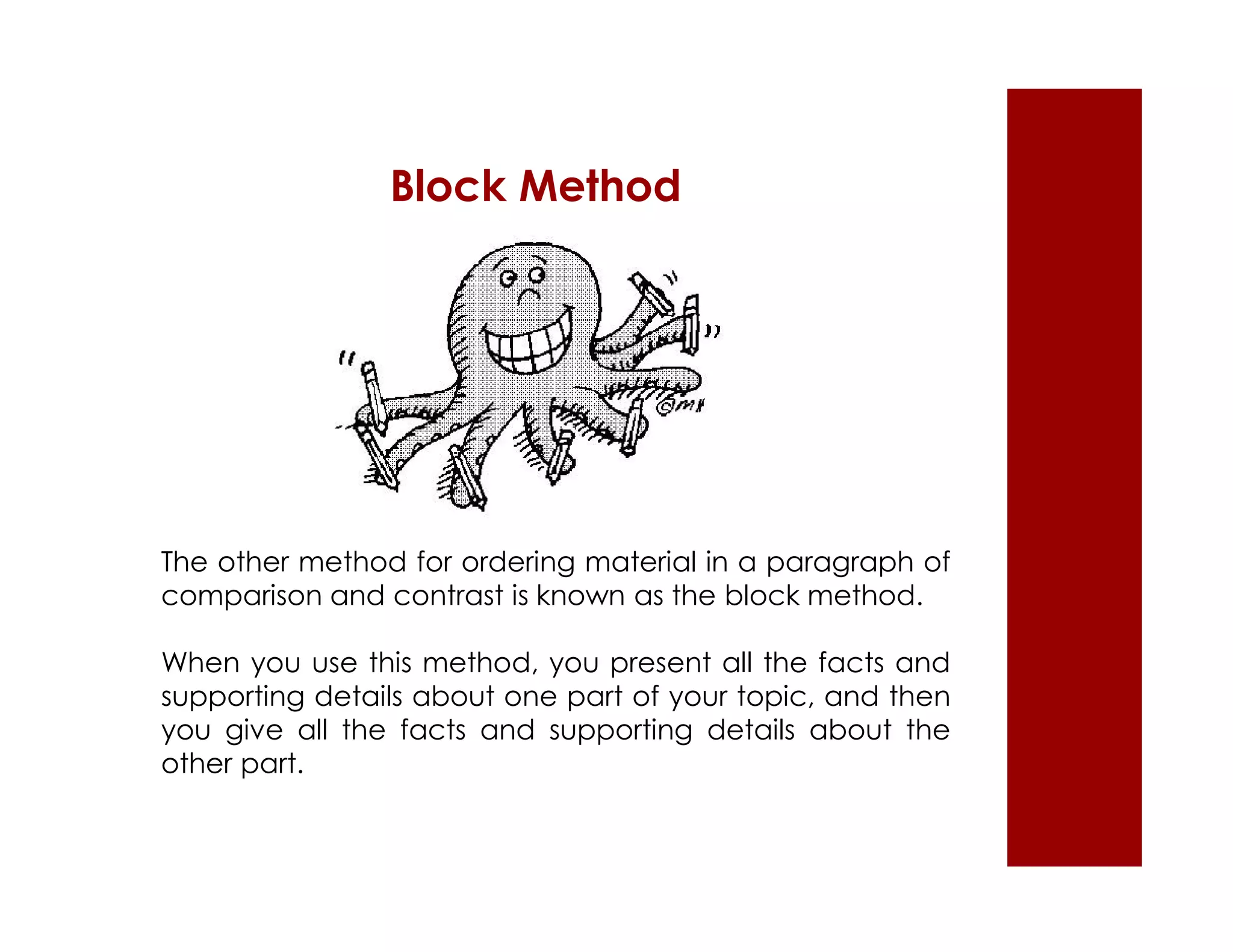 Block Method 
The other method for ordering material in a paragraph of 
comparison and contrast is known as the block method. 
When you use this method, you present all the facts and 
supporting details about one part of your topic, and then 
you give all the facts and supporting details about the 
other part. 
 
