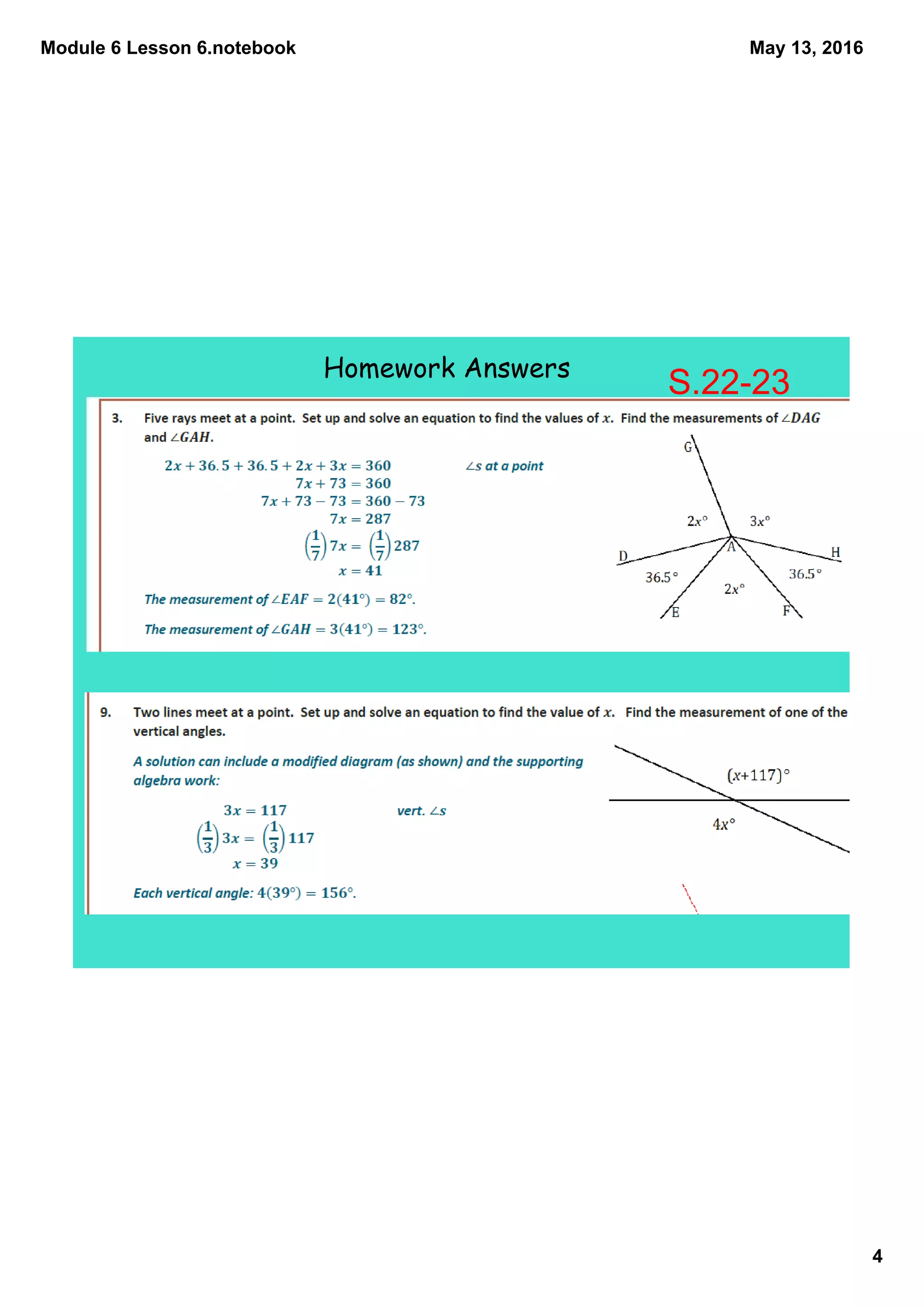 Module 6 Lesson 6.notebook
4
May 13, 2016
Homework Answers
S.22­23
 