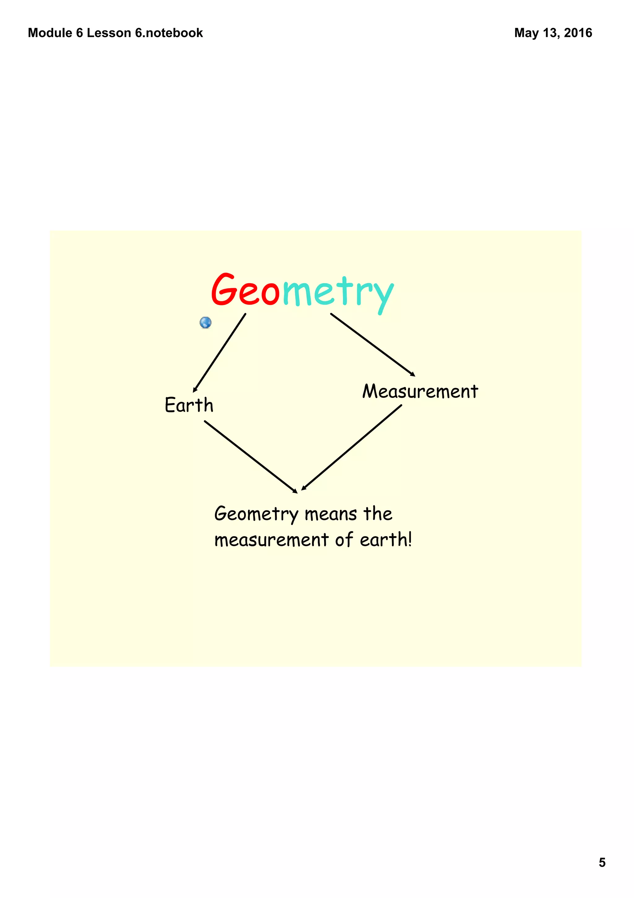 Module 6 Lesson 6.notebook
5
May 13, 2016
Geometry
Earth
Measurement
Geometry means the
measurement of earth!
 