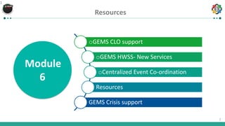 1
1
Resources
1
oGEMS CLO support
oGEMS HWSS- New Services
oCentralized Event Co-ordination
Resources
GEMS Crisis support
Module
6
 