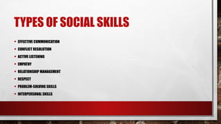 TYPES OF SOCIAL SKILLS
• EFFECTIVE COMMUNICATION
• CONFLICT RESOLUTION
• ACTIVE LISTENING
• EMPATHY
• RELATIONSHIP MANAGEMENT
• RESPECT
• PROBLEM-SOLVING SKILLS
• INTERPERSONAL SKILLS
 