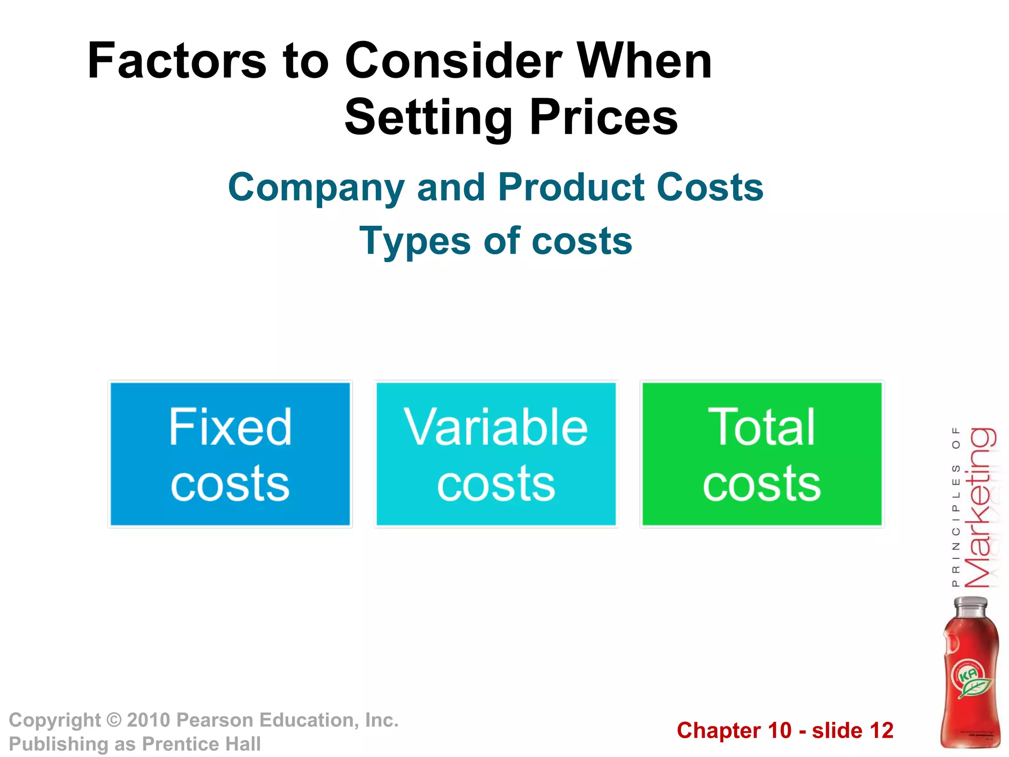 Factors to Consider When  Setting Prices Company and Product Costs Types of costs 