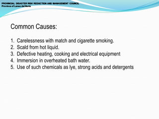 Common Causes:
1. Carelessness with match and cigarette smoking.
2. Scald from hot liquid.
3. Defective heating, cooking and electrical equipment
4. Immersion in overheated bath water.
5. Use of such chemicals as lye, strong acids and detergents
 