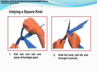 2. Hold the knot; pull the end
through it and out.
1. Pull one end and one
piece of bandage apart.
Untying a Square Knot
PROVINCIAL DISASTER RISK REDUCTION AND MANAGEMENT COUNCIL
Province of Lanao del Norte
 