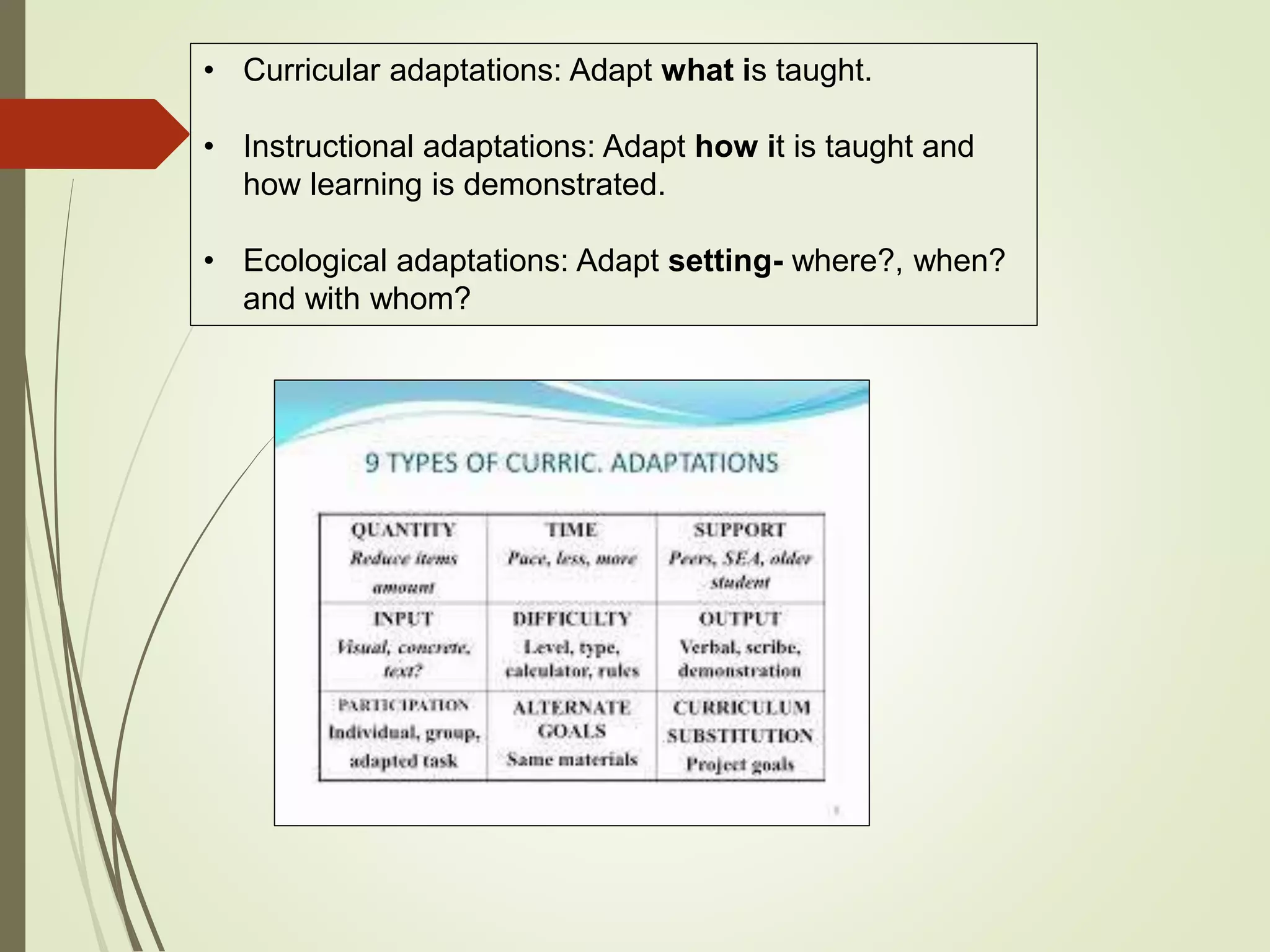 • Curricular adaptations: Adapt what is taught.
• Instructional adaptations: Adapt how it is taught and
how learning is demonstrated.
• Ecological adaptations: Adapt setting- where?, when?
and with whom?
 