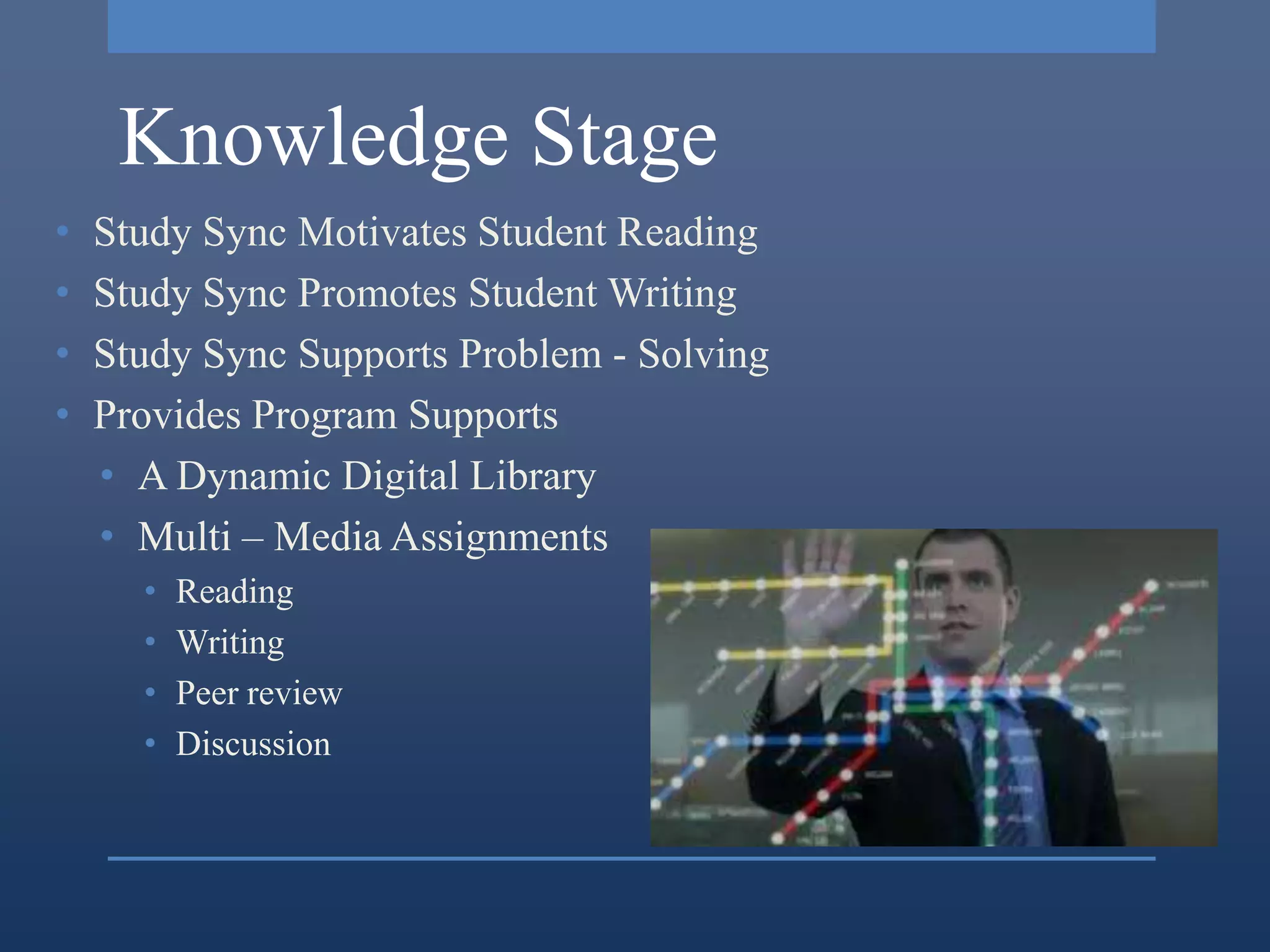 Knowledge Stage
•   Study Sync Motivates Student Reading
•   Study Sync Promotes Student Writing
•   Study Sync Supports Problem - Solving
•   Provides Program Supports
    • A Dynamic Digital Library
    • Multi – Media Assignments
      •   Reading
      •   Writing
      •   Peer review
      •   Discussion
 