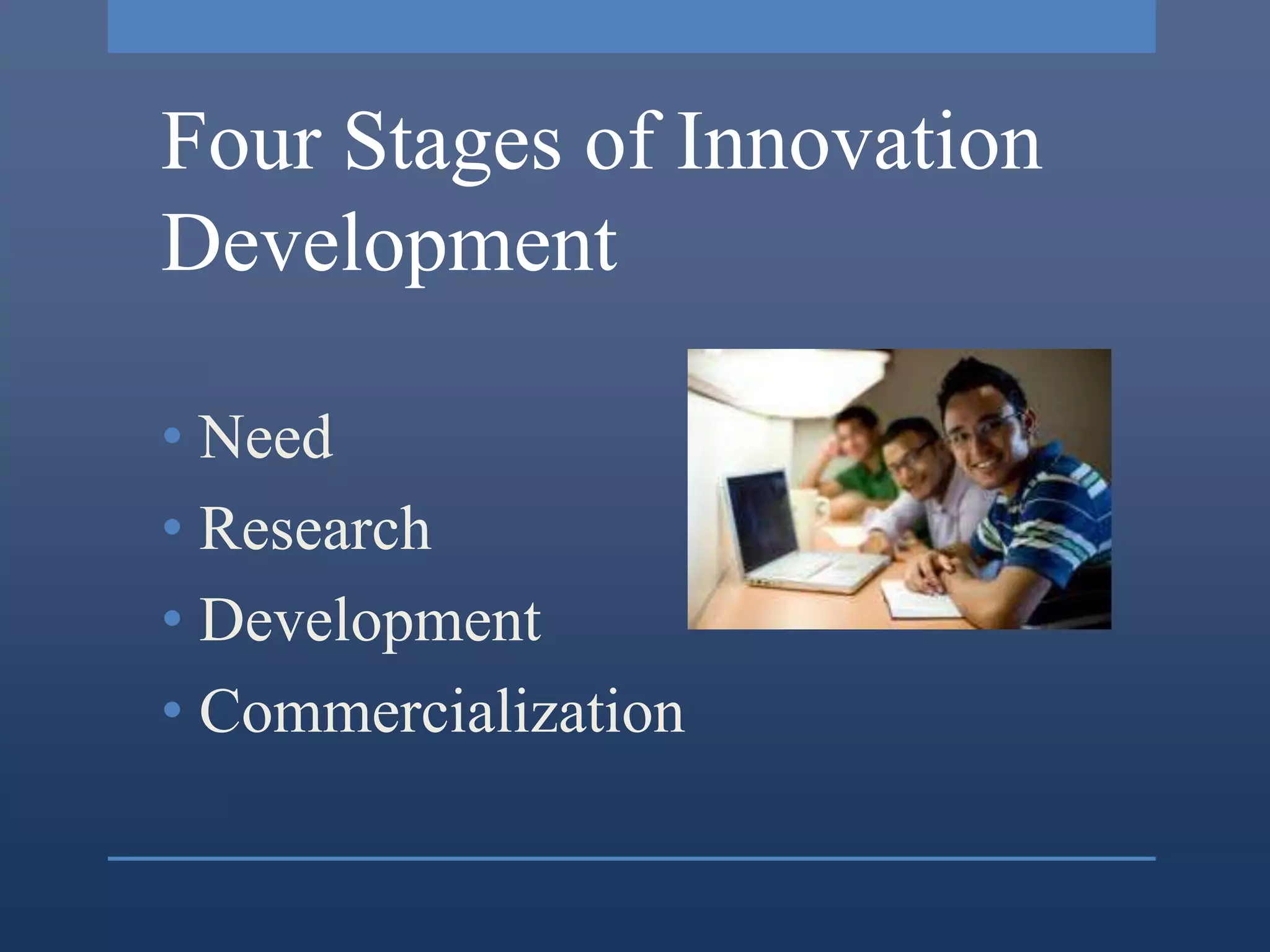 Four Stages of Innovation
Development

• Need
• Research
• Development
• Commercialization
 
