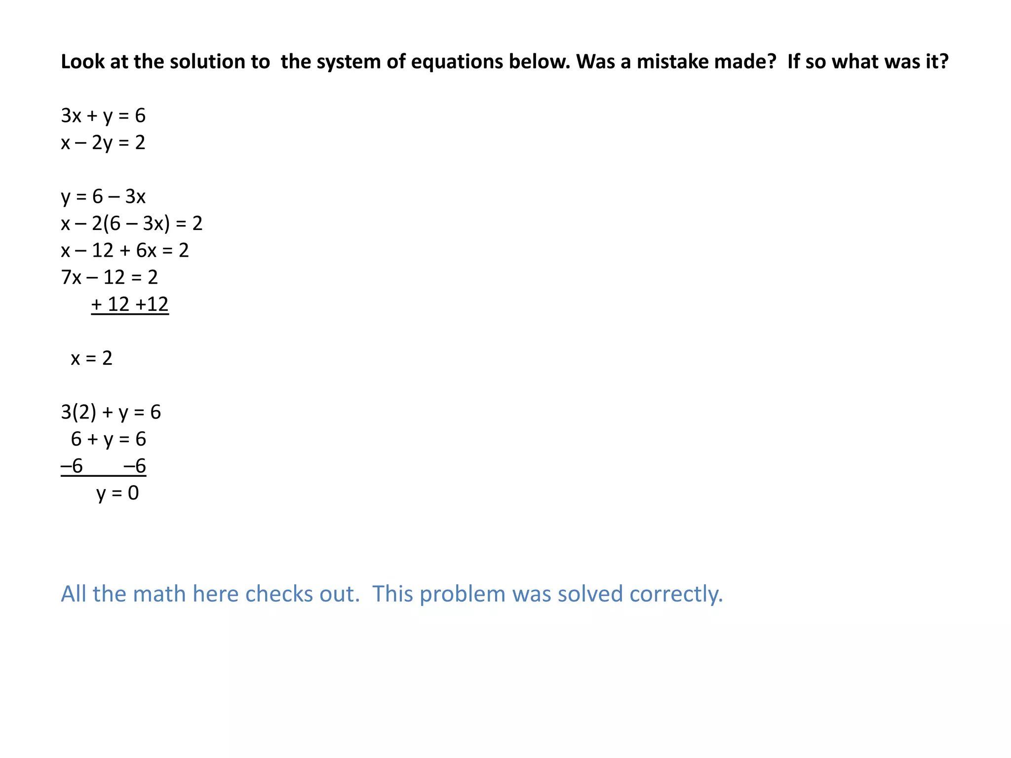 Look at the solution to  the system of equations below. Was a mistake made?  If so what was it?3x + y = 6x – 2y = 2y = 6 – 3xx – 2(6 – 3x) = 2x – 12 + 6x = 27x – 12 = 2      + 12 +12  x = 23(2) + y = 6  6 + y = 6–6        –6       y = 0All the math here checks out.  This problem was solved correctly.