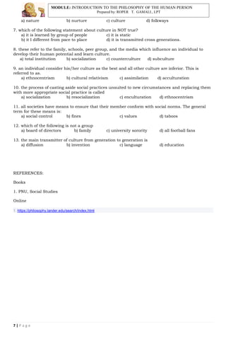 Module 6: PHILOSOPHY The human person in society | PDF