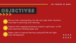 Discuss that understanding the left and right brain functions
may help in improving one’s learning
Explore mind-mapping techniques suited to right brain- or left
brain-dominant thinking styles, and
Make a plan to improve learning using both left and right
brain development
 