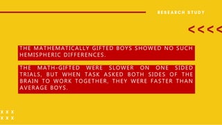 THE MATHEMATICALLY GIFTED BOYS SHOWED NO SUCH
HEMISPHERIC DIFFERENCES.
THE MATH-GIFTED WERE SLOWER ON ONE SIDED
TRIALS, BUT WHEN TASK ASKED BOTH SIDES OF THE
BRAIN TO WORK TOGETHER, THEY WERE FASTER THAN
AVERAGE BOYS.
 