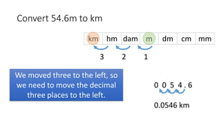 Convert 54.6m to km
We moved three to the left, so
we need to move the decimal
three places to the left.
0 0 5 4 . 6
0.0546 km
123
km hm dam m dm cm mm
 