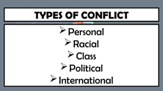 TYPES OF CONFLICT
Personal
Racial
Class
Political
International
 