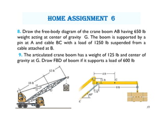 8. Draw the free-body diagram of the crane boom AB having 650 lb
weight acting at center of gravity G. The boom is supported by a
pin at A and cable BC with a load of 1250 lb suspended from a
cable attached at B.
9. The articulated crane boom has a weight of 125 lb and center of
gravity at G. Draw FBD of boom if it supports a load of 600 lb
39
hOme assignment 6
 