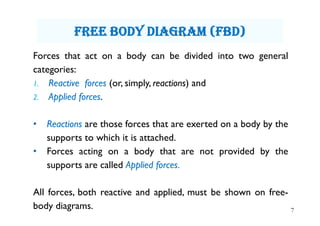 7
Forces that act on a body can be divided into two general
categories:
1. Reactive forces (or, simply, reactions) and
2. Applied forces.
• Reactions are those forces that are exerted on a body by the
supports to which it is attached.
• Forces acting on a body that are not provided by the
supports are called Applied forces.
All forces, both reactive and applied, must be shown on free-
body diagrams.
Free bOdy diagram (Fbd)
 