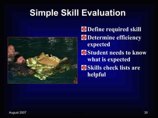 Simple Skill Evaluation Define required skill Determine efficiency expected Student needs to know what is expected Skills check lists are helpful 