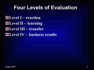 Four Levels of Evaluation  Level I – reaction Level II – learning Level III – transfer Level IV – business results 