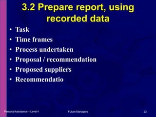 TaskTime framesProcess undertakenProposal / recommendationProposed suppliersRecommendatio3.2 Prepare report, using recorded dataPersonal Assistance – Level 422Future Managers 