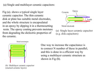 (a) Single and multilayer ceramic capacitors:

Fig (a). shows a typical single layer
ceramic capacitor. The thin ceramic
disk or plate has suitable metal electrodes,
and the whole structure is encapsulated
in an epoxy by dipping it in a thermosetting
 resin. The epoxy coating prevents moisture
from degrading the dielectric properties of
the ceramic.


                                 One way to increase the capacitance is
                                 to connect N number of these in parallel,
                                 and this is done in a efficient way by
                                 using a multilayer ceramic structure as
                                 shown in Fig (b).
 